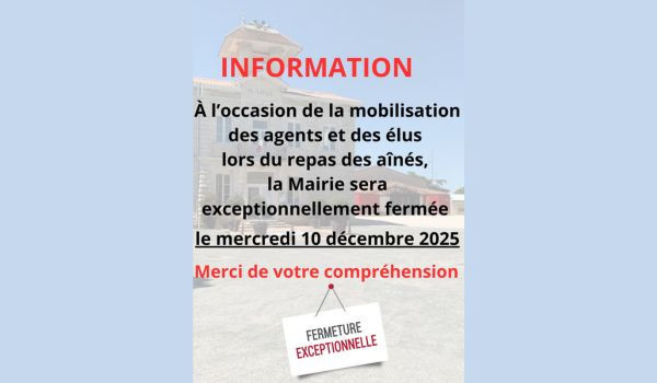 Fermeture exceptionnelle de la Mairie