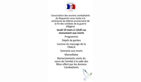 C&eacute;r&eacute;monie du 64&egrave;me anniversaire de la fin de des combats de la guerre d'Alg&eacute;rie